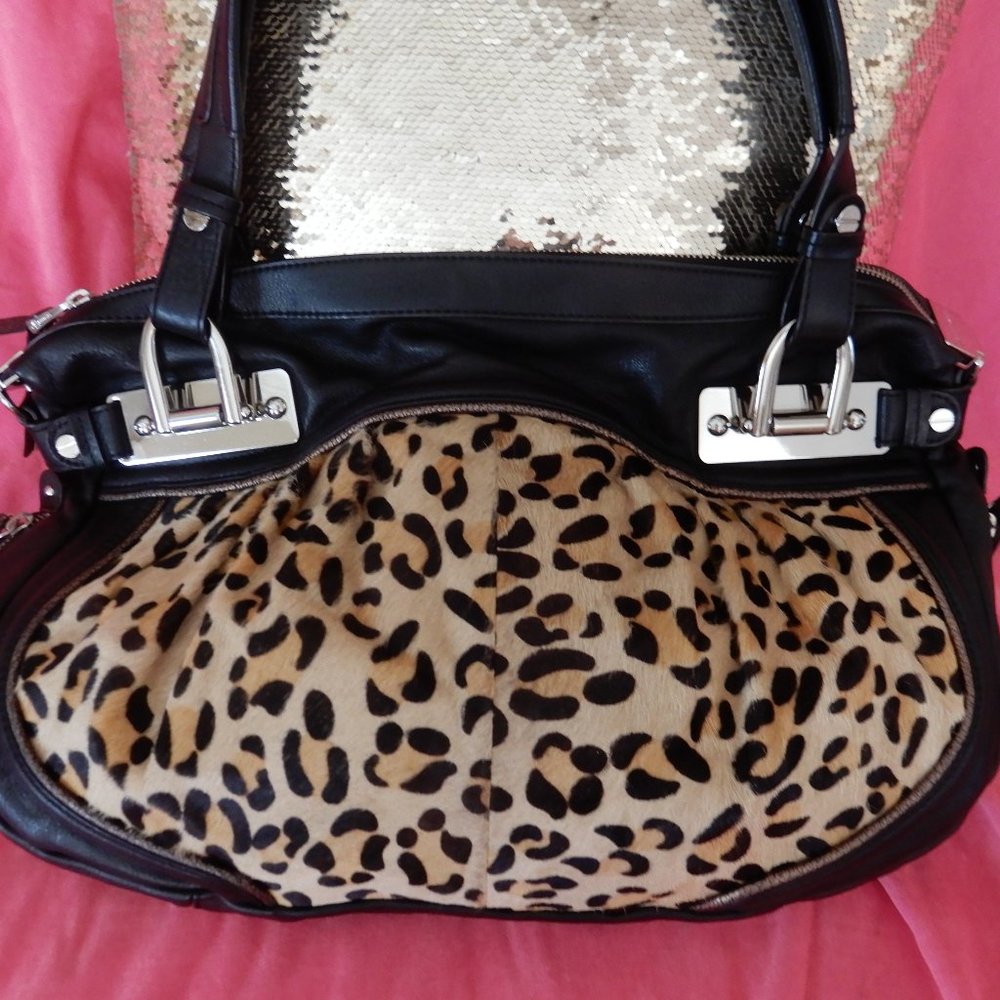 MINT B.MAKOWSKY CALF HAIR COWHIDE LEOPARD ANIMAL PRINT HANDBAG - Picture 4 of 10